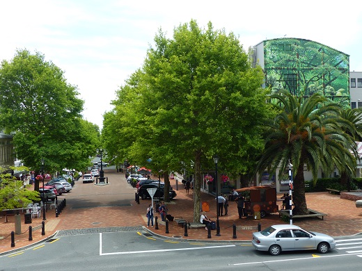 A street in Nelson with trees and forest mural, Nov 2015